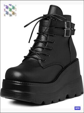 Chunky High Heel Platform Booties Round Toe Lace Up Wedge Ankle Boots Goth
